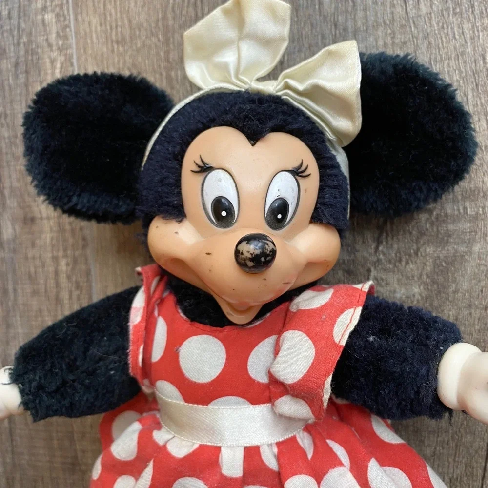 Vintage 1981 Applause Minnie Mouse Plush Doll Vinyl Face Red Polka Dot Dress VTG